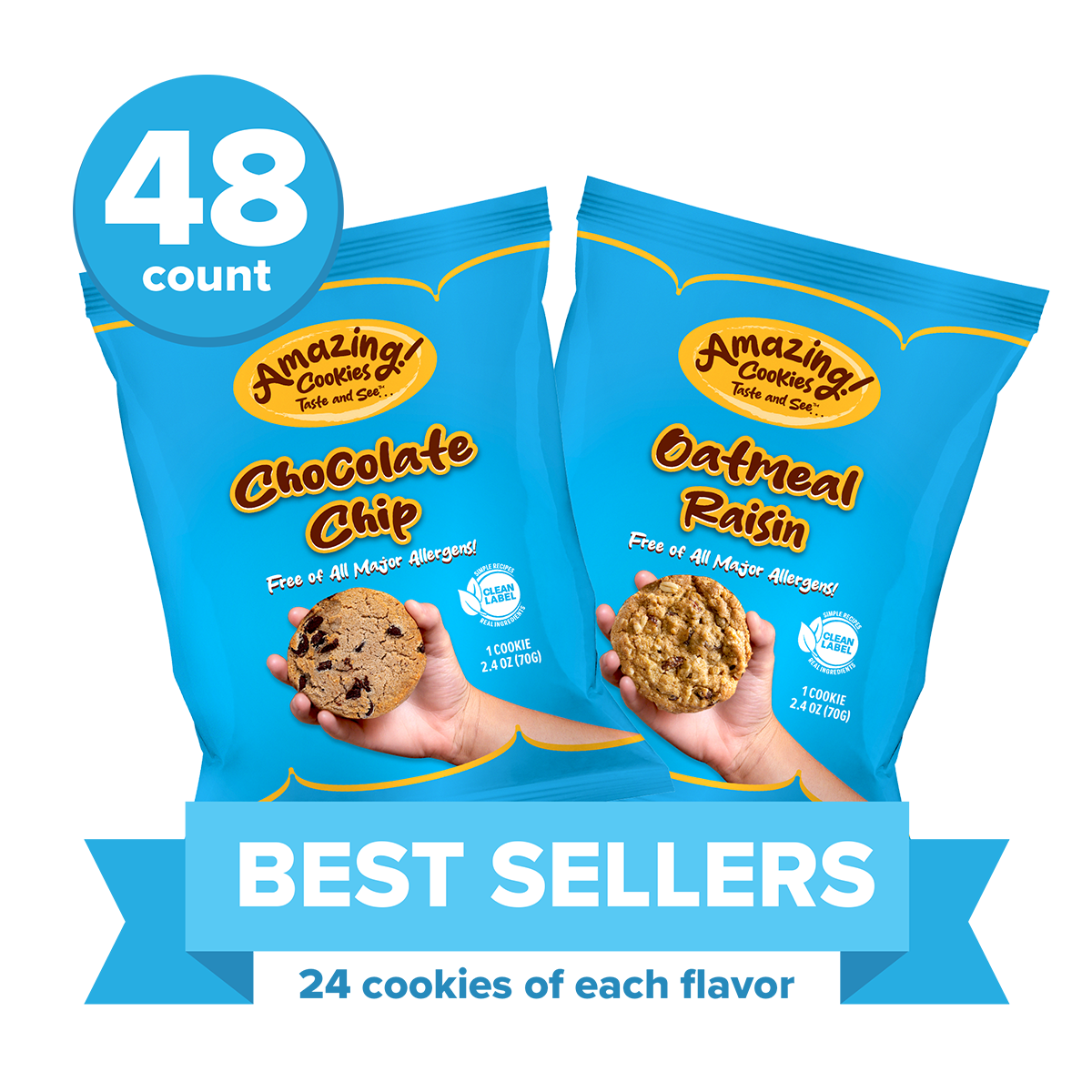 Two packages of Amazing Cookies, one chocolate chip and one oatmeal raisin, with a 'Best Sellers' banner and 48 count label.