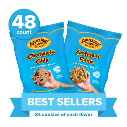 Two packages of Amazing Cookies, one chocolate chip and one oatmeal raisin, with a 'Best Sellers' banner and 48 count label.
