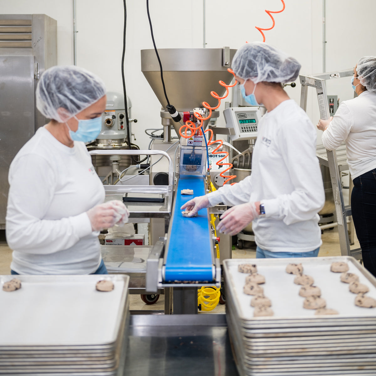 women placing cookies on trays from factory line